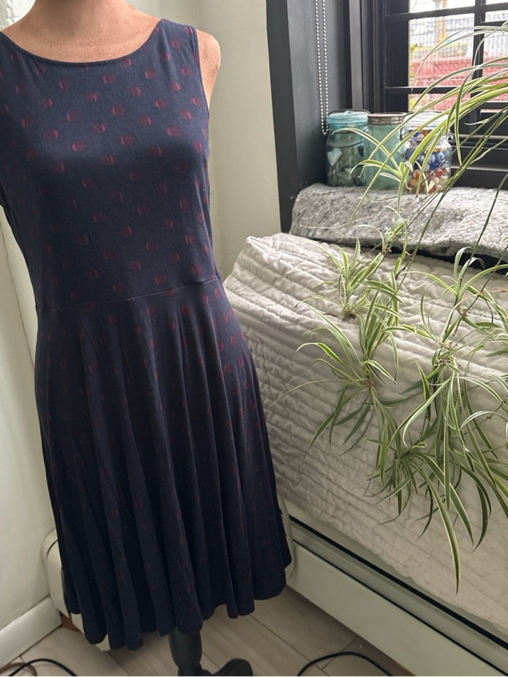 LOFT Navy Midi Dress with Pink Dot Motif